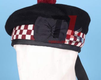 Scottish Military Piper Balmoral Bonnet cap Maroon & White Diced Kilt Hat - Scottish Balmoral Hat - available in all sizes
