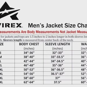 May include: A size chart for Avirex men's jackets, with body measurements in inches. The chart includes sizes S to 5XL, detailing body chest, sleeve length, and waist measurements. The text clarifies these are body measurements, not jacket measurements.
