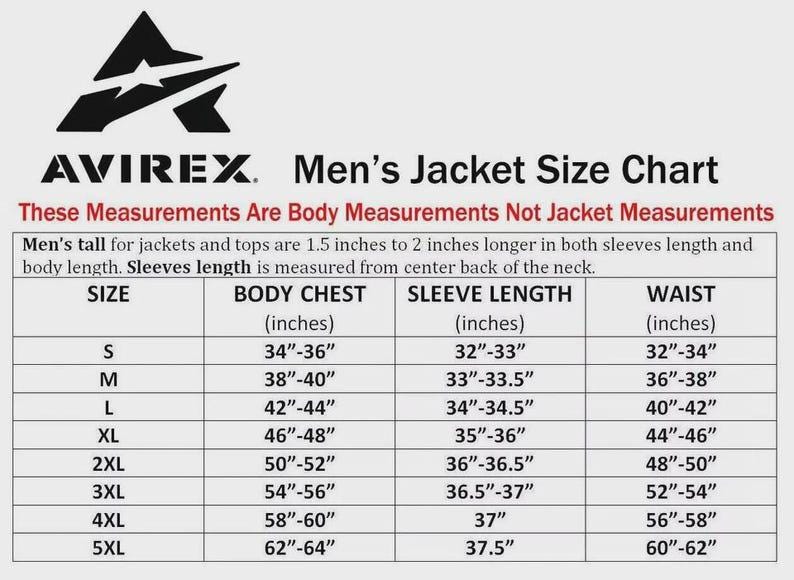 May include: A size chart for Avirex men's jackets, with body measurements in inches. The chart includes sizes S to 5XL, detailing body chest, sleeve length, and waist measurements. The text clarifies these are body measurements, not jacket measurements.