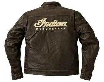 New men's Indian Motorcycle Brown Distressed Cowhide Leather Biker Jacket Indian Motorcycle Leather Jacket Vintage Brown Biker Riding Jacket