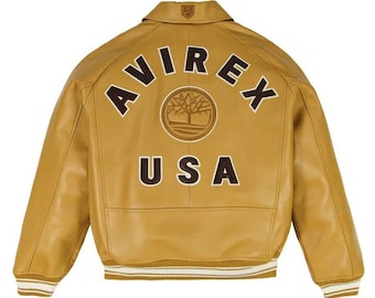 Mens Avirex x TIMBERLAND Real Leather Varsity Jacket Yellow Limited Edition Coat - American Flight Leather Jacket