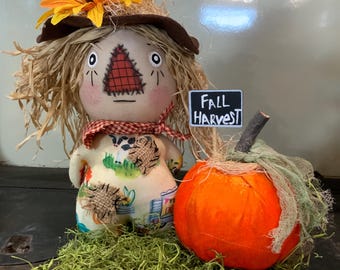Primitive Scarecrow on Stand w/Pumpkin