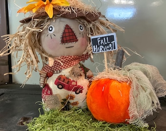 Primitive Scarecrow on Stand w/Pumpkin