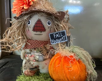 Primitive Scarecrow on Stand w/Pumpkin