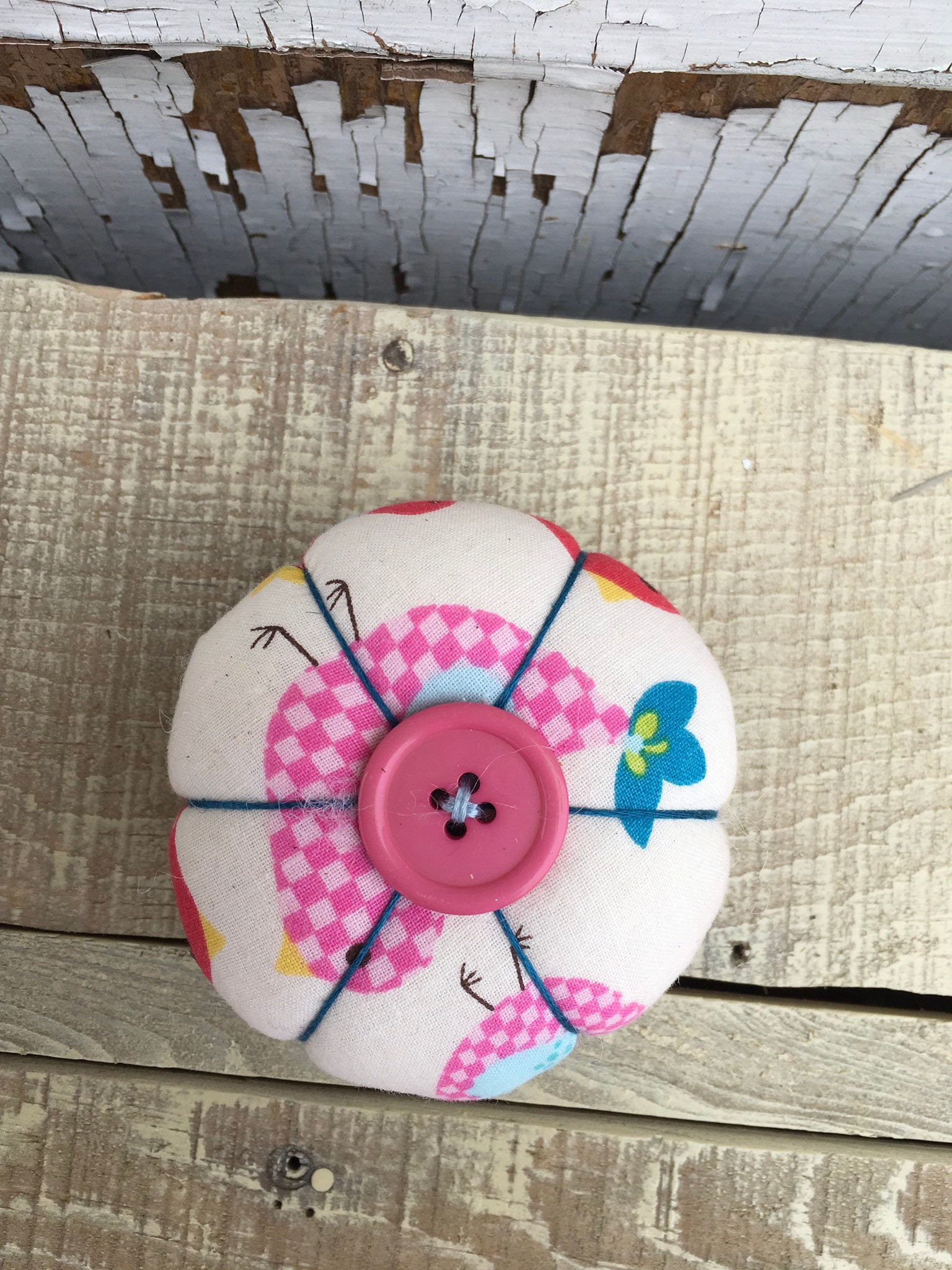 Primitive pin Cushion in Old Canning Lid