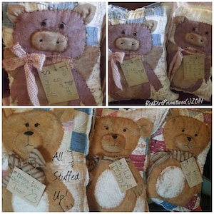 May include: Four handmade patchwork pillows featuring stuffed animal designs. The pillows are made from a variety of fabrics, including denim, plaid, and floral prints. The pillows are all different sizes and shapes, and they are all decorated with cute little faces. The pillows are labeled with the text "This Piggy", "Old Teddy", "Never Too Old for a Teddy", and "Old Timey Bits & Pieces".