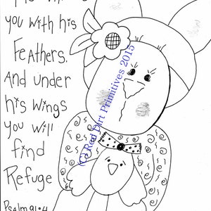 Peut inclure: Illustration en noir et blanc d'un oiseau avec une fleur sur la tête. L'oiseau porte un nœud papillon et une citation du Psaume 91:4, "Il te couvrira de ses plumes. Et sous ses ailes tu trouveras refuge."