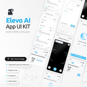 May include: A digital mockup of a language learning app interface, featuring the text "Elevo AI App UI KIT" and "Learn a New Language." The design includes various screens with translation tools, camera dictionary, and interactive exercises. The design is white and blue.