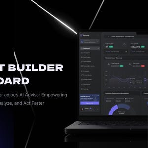 May include: A laptop screen showing the Adnova AI-powered Prompt Builder Dashboard. The interface is dark, featuring data displays and the text "User Retention Dashboard". The image includes the Adnova logo and the text "A Smart UX Concept for adjoe's AI Advisor Empowering Marketers to Query, Analyse, and Act Faster."