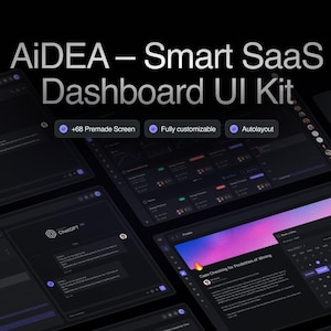 Może przedstawiać: Ciemna grafika Smart SaaS Dashboard UI Kit. Obraz wyświetla wiele ekranów z wizualizacjami danych i elementami interaktywnymi. Tekst zawiera "AiDEA", "+68 Premade Screen", "Fully customizable" i "Autolayout".