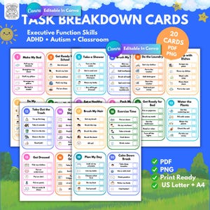 May include: A set of 20 printable task breakdown cards featuring colorful borders and icons for daily activities. The cards include numbered steps for routines like making a bed, showering, and chores, with checkboxes for tracking progress on a blue background.