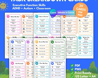 Kaarten met taakverdeling voor executieve functies voor kinderen | Visuele checklist voor ADHD | Routinekaarten voor autisme | Afdrukbare PDF & PNG