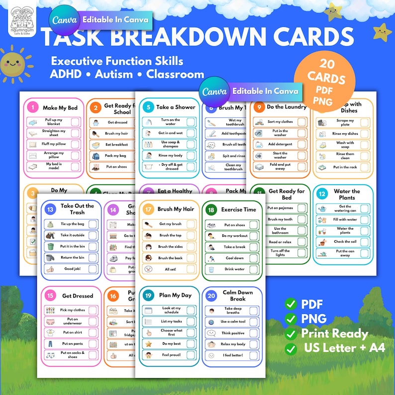 May include: A set of 20 printable task breakdown cards featuring colorful borders and icons for daily activities. The cards include numbered steps for routines like making a bed, showering, and chores, with checkboxes for tracking progress on a blue background.