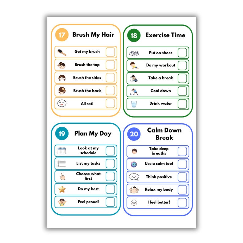 May include: A printable checklist sheet featuring four distinct sections labeled 17 through 20. Each section includes a title like Brush My Hair, Exercise Time, Plan My Day, and Calm Down Break, with corresponding icons, task lists, and empty checkboxes.