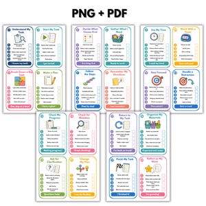 May include: A set of twenty colourful task management cards labelled PNG + PDF, featuring numbered steps and checkboxes for children. Each card includes icons and text for executive function skills like planning, focus, and organisation.