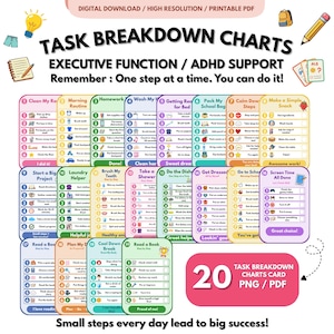 May include: A collection of 20 colorful task breakdown charts for executive function and ADHD support. Each card features numbered steps with icons and checkboxes for daily routines like cleaning, homework, and hygiene. Text includes "TASK BREAKDOWN CHARTS" and "EXECUTIVE FUNCTION / ADHD SUPPORT."