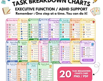 Executive Function Task Breakdown Charts for Kids | ADHD Visual Checklist Cards | Autism Routine Supports | Printable PDF PNG