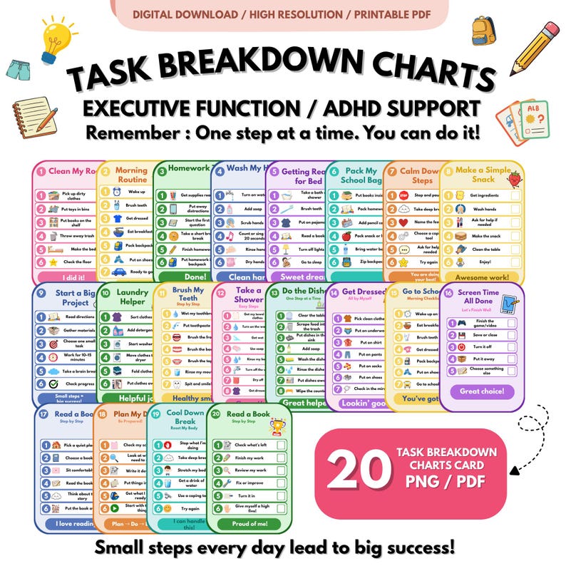 May include: A collection of 20 colorful task breakdown charts for executive function and ADHD support. Each card features numbered steps with icons and checkboxes for daily routines like cleaning, homework, and hygiene. Text includes "TASK BREAKDOWN CHARTS" and "EXECUTIVE FUNCTION / ADHD SUPPORT."