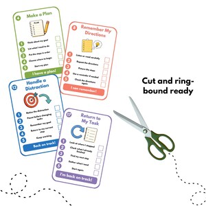 May include: Four rectangular instructional cards with rounded corners, each featuring a numbered list, a graphic icon, and a coloured border. The text reads Make a Plan, Remember My Directions, Handle a Distraction, and Return to My Task. Scissors are included.