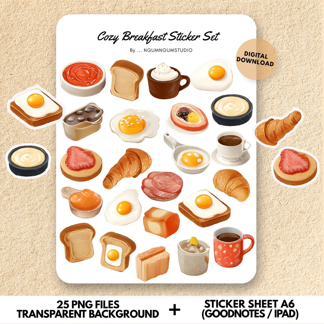 Cozy Breakfast Sticker Set PNG, Cute Coffee Eggs Toast Clipart, Cafe ...