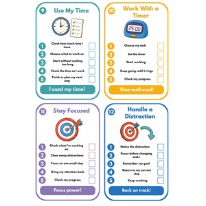 May include: Four rectangular educational cards with rounded corners, each featuring a numbered list of five steps and a checkbox. The cards are titled Use My Time, Work With a Timer, Stay Focused, and Handle a Distraction, with icons including a clock, timer, and targets.