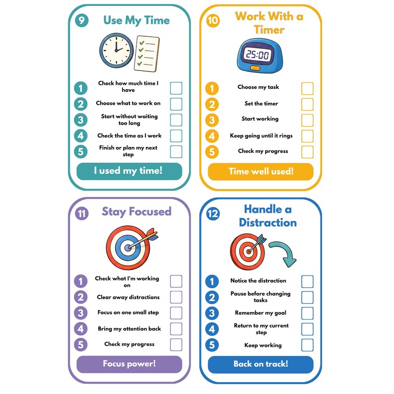 May include: Four rectangular educational cards with rounded corners, each featuring a numbered list of five steps and a checkbox. The cards are titled Use My Time, Work With a Timer, Stay Focused, and Handle a Distraction, with icons including a clock, timer, and targets.