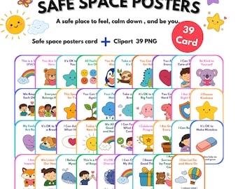 Safe Space-posters Calm Corner Kit, kaarten emotionele regulatie, SEL-klasdecor, afdrukbare bevestiging kinderen, 39 png-clipart