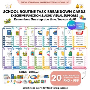 School Routine Task Breakdown Cards, Executive Function Visual Schedule, ADHD Classroom Supports, Editable Canva Printable
