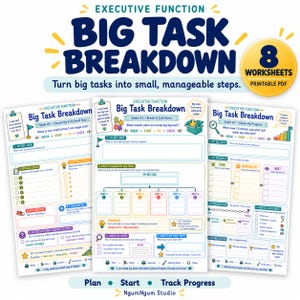 May include: A set of 8 printable PDF worksheets titled Executive Function Big Task Breakdown. The pages feature colorful headers, text boxes, and icons designed to help organize tasks into smaller steps, including sections for planning, starting, and tracking progress.