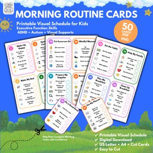 Morning Routine Cards for Kids | Executive Function Visual Schedule | ADHD Autism Printable Checklist | 50 Routine Cards PDF PNG