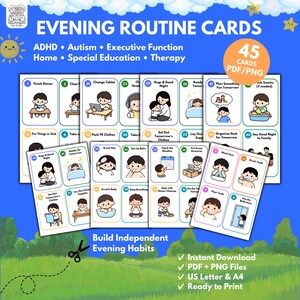 Op de afbeelding: Een set van 45 printbare avondroutinekaarten met cartoonillustraties van kinderen die dagelijkse taken uitvoeren. De kaarten bevatten tekstlabels voor activiteiten zoals avondeten, tandenpoetsen en kleding inpakken, gepresenteerd op een blauwe achtergrond.