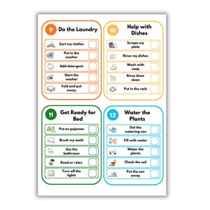 May include: A chore chart featuring four color-coded sections labeled 9 through 12. Each section includes tasks with icons and checkboxes: Do the Laundry, Help with Dishes, Get Ready for Bed, and Water the Plants. The text is in English.