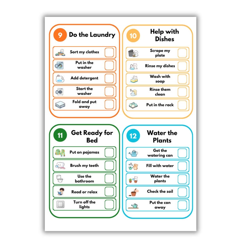 May include: A chore chart featuring four color-coded sections labeled 9 through 12. Each section includes tasks with icons and checkboxes: Do the Laundry, Help with Dishes, Get Ready for Bed, and Water the Plants. The text is in English.