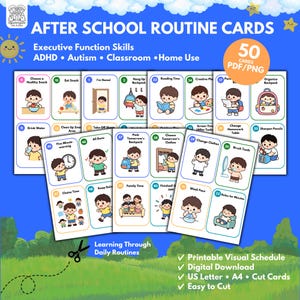 May include: A set of 50 printable after school routine cards featuring cartoon illustrations of children performing daily tasks. The cards include text labels for activities like eating snacks, reading, and brushing teeth, designed for executive function support.
