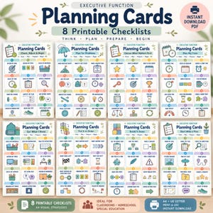 May include: Eight printable planning card checklists with the title Executive Function Planning Cards. Each card features numbered steps with colourful icons and text prompts to help organise tasks, manage time, and break down projects.