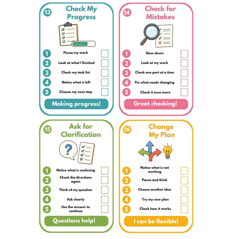 May include: Four rectangular educational cards with rounded corners, numbered 13 through 16. Each card features a title, a checklist of five steps with empty boxes, and a bottom banner. The cards are teal, pink, green, and yellow with icons.