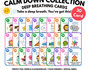 Deep Breathing-kaarten voor kinderen | Kalmeerkaarten | Emotionele regulatie | Ondersteuning autisme ADHD | Calm Corner afdrukbare 30 kaarten