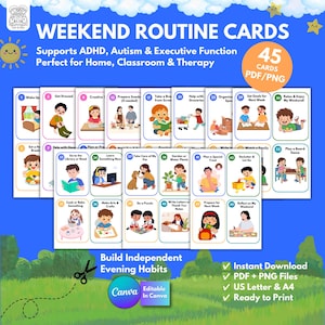 May include: A set of 45 Weekend Routine Cards featuring colorful illustrations of children performing various daily tasks. Each card includes a numbered label and descriptive text such as Wake Up, Get Dressed, and Play a Board Game. The cards are presented in a grid layout against a blue background with clouds and grass.
