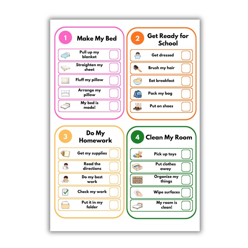 May include: A daily routine checklist chart featuring four color-coded sections: Make My Bed, Get Ready for School, Do My Homework, and Clean My Room. Each section includes numbered steps with icons and empty checkboxes for tracking completed tasks.