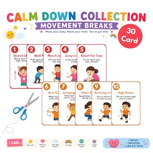 Op de afbeelding: Een set van 30 bewegingspauzekaarten uit de Calm Down Collection. Elke kaart bevat een oefening met illustraties van kinderen die de bewegingen demonstreren. De kaarten bevatten oefeningen zoals rekken, springen en hoge knie&euml;n.