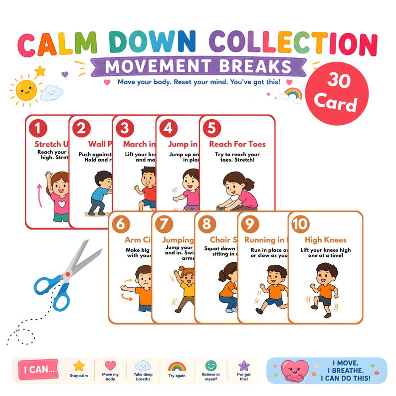 Op de afbeelding: Een set van 30 bewegingspauzekaarten uit de Calm Down Collection. Elke kaart bevat een oefening met illustraties van kinderen die de bewegingen demonstreren. De kaarten bevatten oefeningen zoals rekken, springen en hoge knie&euml;n.