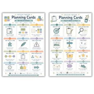 May include: Two educational posters titled Executive Function Planning Cards. The left poster, Break It Down, features twelve numbered steps with icons and text. The right poster, Start With a Plan, also displays twelve numbered steps with icons.