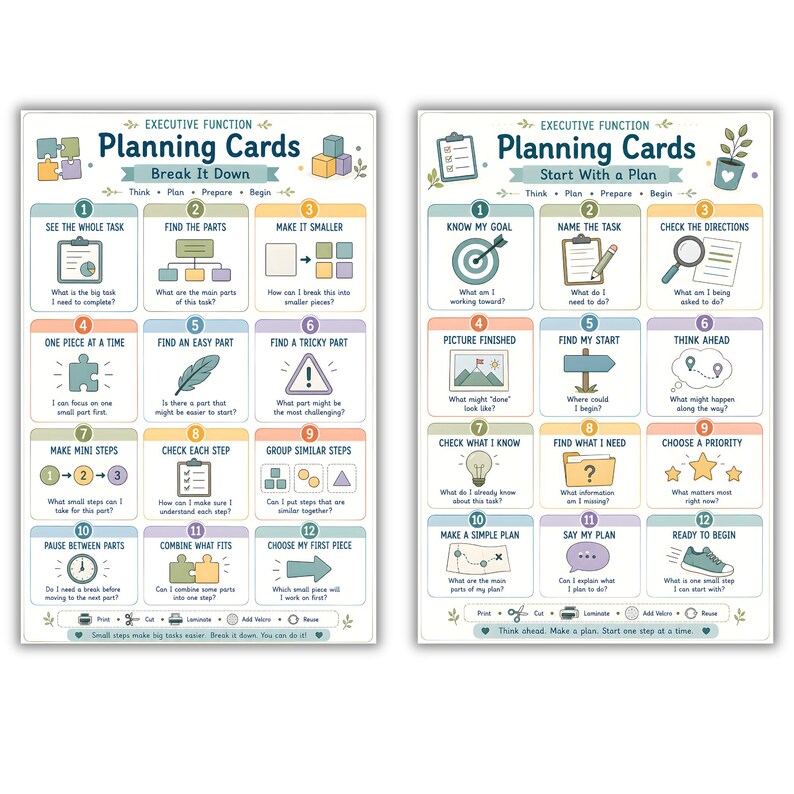 May include: Two educational posters titled Executive Function Planning Cards. The left poster, Break It Down, features twelve numbered steps with icons and text. The right poster, Start With a Plan, also displays twelve numbered steps with icons.