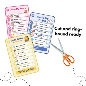 May include: Three rectangular checklists in pink, blue, and yellow with icons and text including Clean My Room, Start a Big Project, and Go to School. Orange-handled scissors are positioned nearby with a dashed line indicating a cut path.
