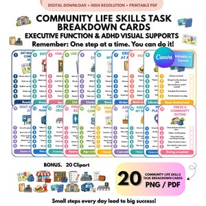 Community Life Skills Task Cards, Executive Function Visual Supports, Autism ADHD Routine Cards, Special Education Printable