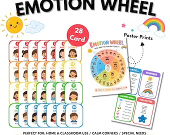 Emotion Wheel for Kids Printable, Feelings Chart, Emotional Regulation Cards, Calm Corner Poster, SEL Activities, ADHD Autism Support