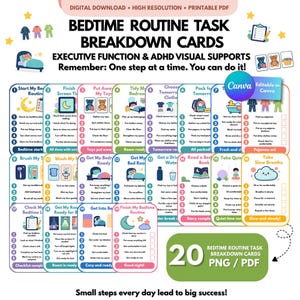 May include: A set of 20 digital bedtime routine task breakdown cards featuring colorful icons and numbered steps for executive function support. The cards include text such as Bedtime Routine Task Breakdown Cards and Remember One step at a time.