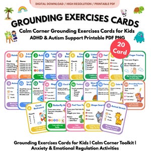 May include: A set of 20 colourful printable grounding exercise cards for kids, featuring text instructions for mindfulness activities like finger tracing, animal stretches, and counting. The cards include illustrations of animals, rainbows, and rockets.