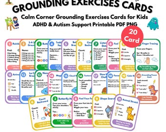 20 Grounding Exercises Cards for Kids | Calm Corner Activities | ADHD Autism Anxiety Support | Printable PDF PNG