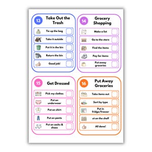 May include: A printable chore chart featuring four distinct sections labeled 13 through 16. Each section includes a title such as Take Out the Trash, Grocery Shopping, Get Dressed, and Put Away Groceries, with corresponding task lists, icons, and checkboxes.